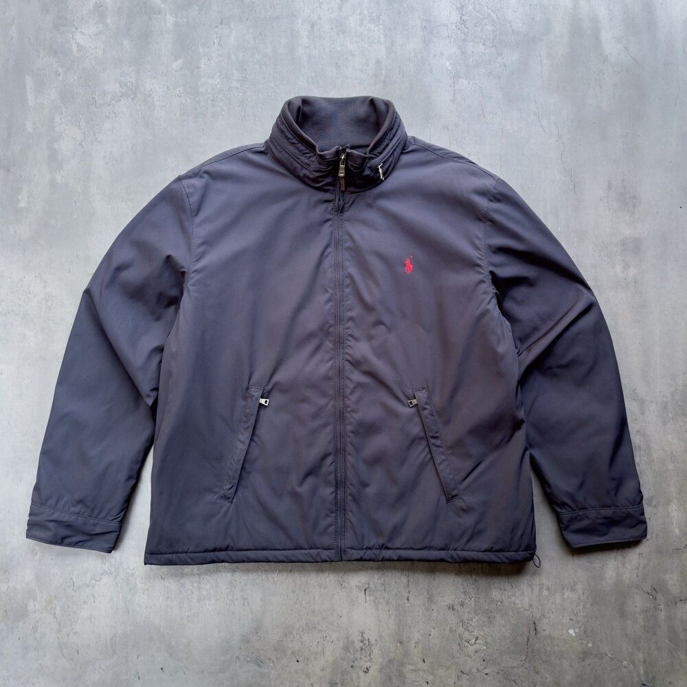 Vintage Polo Ralph Lauren Jacket Men’s XL Navy Fleece Lined Hidden Hood 90s Y2K